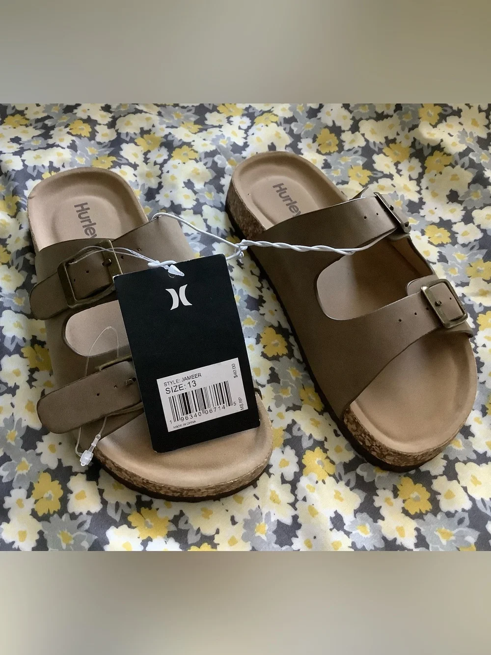Kids Hurley Olive Brown Cork-Style Buckle Slide Sandals